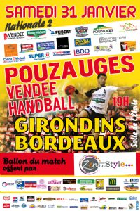 N2M handball Pouzauges reçoit Girondins de Bordeaux. Le samedi 31 janvier 2015 à Pouzauges. Vendee.  19H00